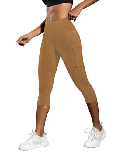 ICTIVE Women's Capris Yoga Pants with Pockets Crossover V Cross High Waisted Fitness Running Leggings Khaki XL - Image 1