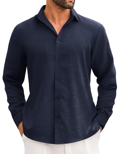 LETSEE Men's Linen Blend Button Down Shirt – Lightweight Long Sleeve Casual Shirt for Beach, Vacation & Wedding Navy Blue - Image 1