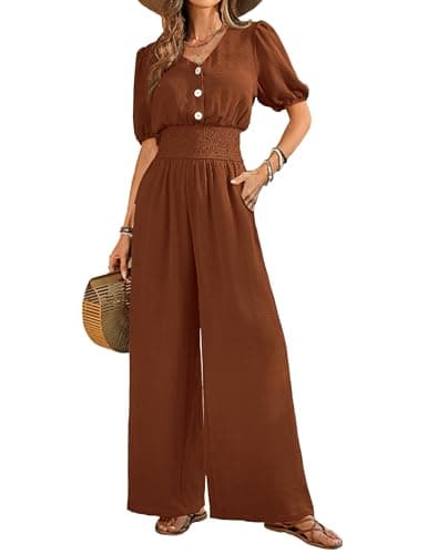 LOOKBOHO Jumpsuits for Women Dressy Formal Smocked High Waist Short Sleeve Wide Leg Rompers V Neck One Piece Outfits Brown L - Image 1