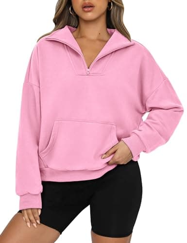 PRETTYGARDEN Womens Quarter Zip Long Sleeve Cropped Sweatshirt 2026 Fall Winter Casual V Neck Pullover Tops With Pockets(Pink,X-Large) - Image 1