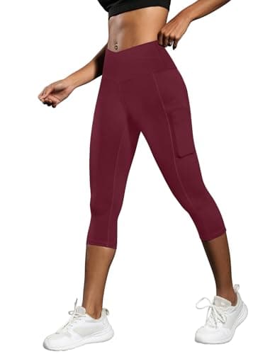 ICTIVE Women's Capris Yoga Pants with Pockets Crossover V Cross High Waisted Fitness Running Leggings Burgundy M - Image 1