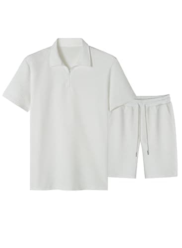 JMIERR Men's Jacquard Knit Lounge Sets Short Sleeve Polo Shirt and Shorts Matching Set Loungewear Sweatsuit with Pockets, 3X-Large, A White - Image 1