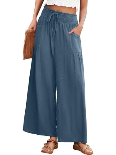 JUYUEO Wide Leg Linen Pants for Women High Waist Casual Flowy Boho Beach Palazzo Trousers with Pockets Grey Blue L - Image 1