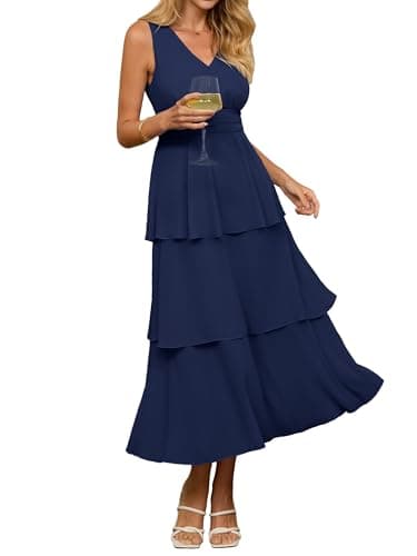BerryGo Womens Summer Sleeveless Maxi Dress Chiffon Flowy V Neck Casual Ruffle Tiered Boho Wedding Guest Beach Long Sundress Navy Blue M - Image 1