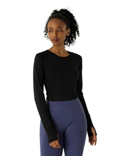 Women's Long-Sleeve Crop Top - Open Back Tie, Thumbholes Moisture-Wicking Quick-Dry for Yoga, Fitness & Workout Black - Image 1