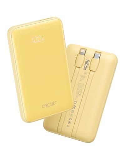 Qecvec Portable Charger 10000mAh, Cell Phone Portable Power Banks with 22.5W PD Fast Charging, Compact Phone Charger Built in Cable, Compatible with Apple, Samsung, Google, Motorola and More-Yellow - Image 1