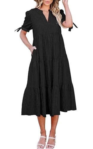 ECOWISH Women Summer Casual Dress - V Neck Short Sleeve Gingham Midi Pleated Tiered Loose Fit Holiday Picnic Dresses Black Medium - Image 1