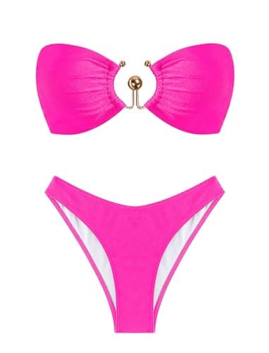 ZAFUL Women's Metallic Sparkly Glitter Shiny O Ring Metal Hardware High Cut Cheeky Bandeau Bikini Set Swimwear Rose Red XS