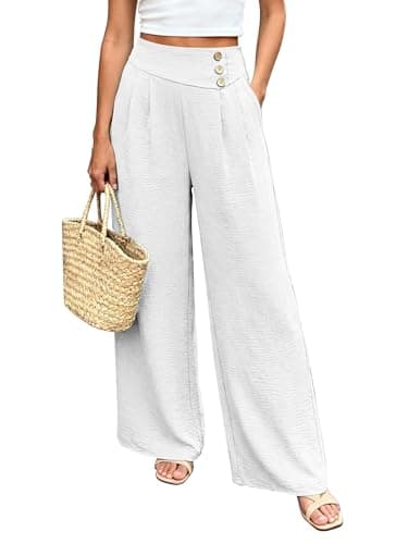 RICHSTORY Palazzo Pants for Women Casual High Waist Wide Leg Loose Flowy Pant Lounge Trousers with Pockets Beach Vacation Outfits White Large - Image 1