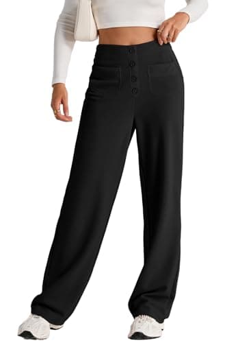 EVALESS Plus Size Womens High Waist Button Stretchy Work Pants Straight Leg Office Ladies Dress Pant Business Casual Trousers Comfy Loose Slacks Fashion 2025 Womens Pants with Pocket Black XX-Large - Image 1