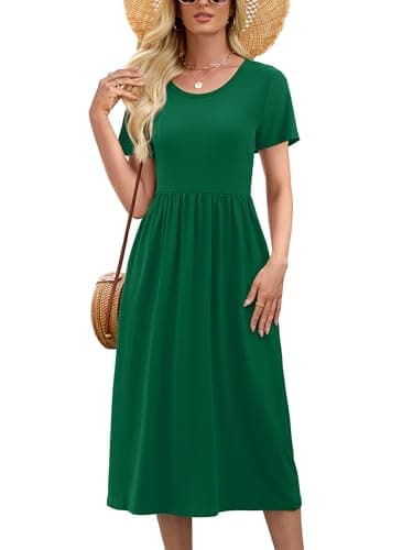 DEARCASE Casual Dresses for Women Dark Green XX-Large Short Sleeve A line Summer Beach Midi Sundress Wedding Guest Flowy Swing Cocktail Slimming Birthday Party Spring Travel Long Dress with Pockets - Image 1