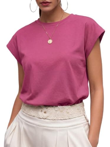 GRECERELLE Womens Summer Pink Tops Cap Sleeve Crew Neck Basic T-Shirt - Image 1