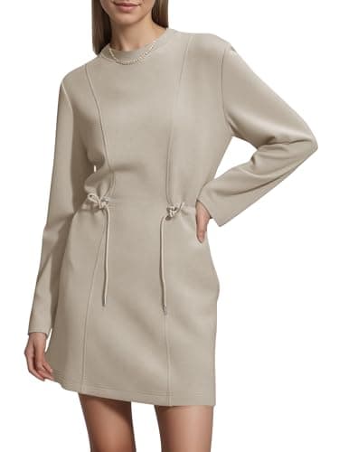 COCOMARTS Womens Long Sleeve Crewneck Sweatshirt Dress Drawstring Waistband Casual Tunic Tops Mini Dresses 2025 Fall Clothes Khaki X-Large - Image 1