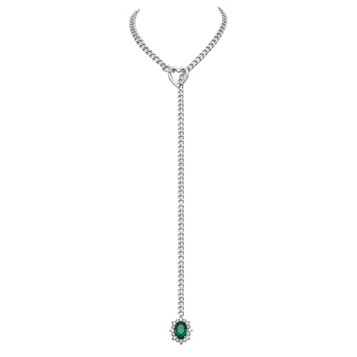 EverGlimp Women's Gold Heart O-Ring Necklace, Adjustable 25'' Cuban Chain with Detachable Heart Clasp and Colorful Rhinestone Pendant (Silver-Emerald Green) - Image 1