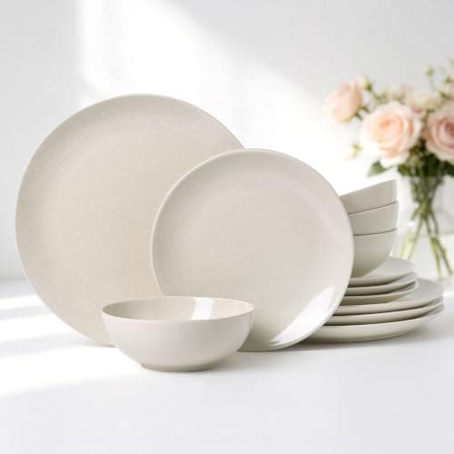ALOFMO Ceramic Dinnerware Sets for 4,12 Pieces Plates and Bowls Sets, Plates Pasta Bowls Soup Bowls, Modern Stoneware Dishes, Reaction Glaze (White) - Image 1