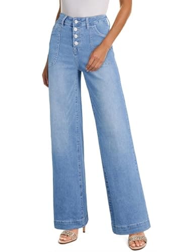 SHEWIN Women Jeans Spring Straight Leg High Waist Pants Trendy Petite Stretchy Strech Loose Denim Jean Inseam 29, Size 6, Sky Blue - Image 1