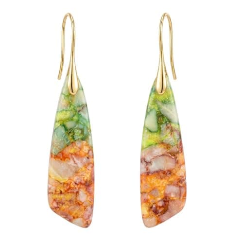 LumaBria Boho Natural Stone Dangle Earrings for Women, Lightweight Statement Drop Earrings, Handmade Gemstone Earrings for Daily Wear, Parties and Gif (Green Yellow Mix) - Image 1