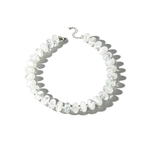 Clear White Swirl Chunky Beaded Choker Necklace for Women - Bold Statement Large Acrylic Beads Collar, Trendy Summer Vacation Jewelry Gifts for Mothers Day, Daily Casual Minimalist Necklace - Image 1