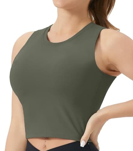THE GYM PEOPLE Women's Medium Support Sports Bra Removable Padded Sleeveless Workout Crop Tops Olive Green - Image 1