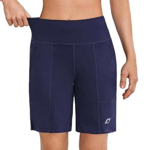 Quenteen Women Bermuda Shorts with Pockets High Waisted Stretch Athletic Long Shorts for Women Workout Casual (Navy,S) - Image 1