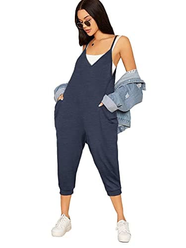 STOLKISS Women’s Casual Jumpsuits Summer Autumn Sleeveless V Neck Thin Shoulder Strap Adjustable Rompers with Pockets (Y017 Blue, Medium) - Image 1