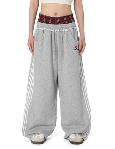 Aelfric Eden Baggy Wide Leg Sweatpants for Women Men Double Elastic Waisted Streetwear Y2K Casual Lounge Pants Trouser with Pockets Grey Large
