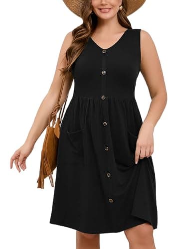 AusLook Plus Size Women Summer Dress Sleeveless V Neck Casual Cute Loose Sundress Black 5X Comfy Swing Button Down Midi Work Flowy Tunic Ladies Beach Vacation Teacher Dresses with Pockets - Image 1