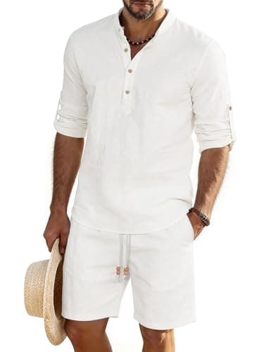 JEMLDL Men's 2 Piece Linen Cotton Long Sleeve Cuban Henley Shirt and Shorts Sets Summer Beach Vacation Outfits White S - Image 1