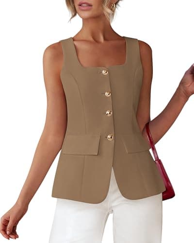 BTFBM Womens Sleeveless Suit Vests Dressy Casual Square Neck Business Work Waistcoat Spring Button Blazer Vest Tops 2026(Khaki, X-Small) - Image 1