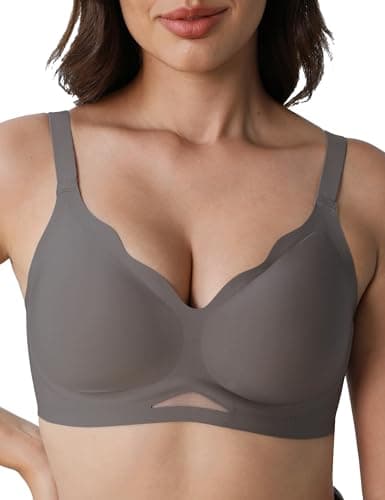 Tarbo Jelly Wireless Sleep Bras for Women No Underwire Push Up Bra Full Coverage Seamless Soft Comfortable Scalloped Mesh Supportive T-Shirt Bralette Coffee L - Image 1