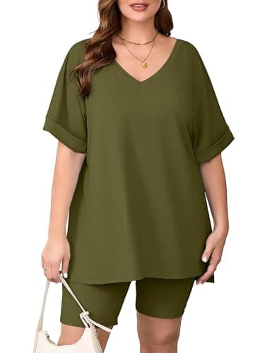 AusLook Women's Plus size 2 Piece Short Outfits Set Short Sleeve Tops and Shorts Pants Army Green 3X Casual Comfy Soft Ladies Short Sleepwear Lounge Pajama Matching Set - Image 1