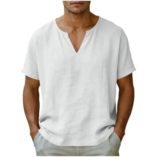 Linen T-Shirts for Men V Neck Short Sleeve Cotton Linen Shirt Loose Fit Beach Clothes Vacation Outfits 2026 Resort Wear Lightweight Tropical Shirts Casual Stylish Summer Clothes Holiday Outfits - Image 1