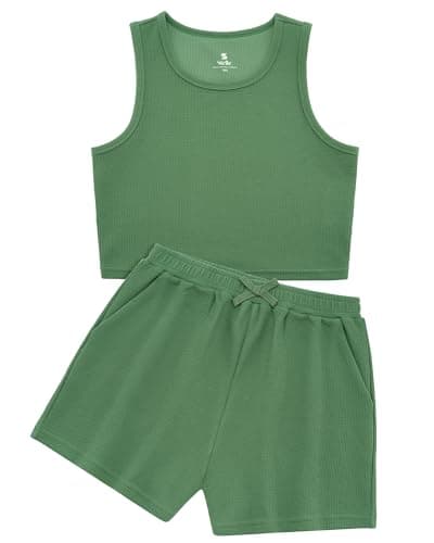 Stelle Girls Athletic Sets, Scoop Neck Ribbed Tank Tops Elastic Waist Shorts With Pockets 2 Piece Outfits, Girls Lounge Set 10-11, Grass Green, Large - Image 1