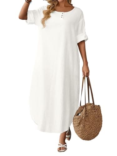 Celmia Cotton Dress for Women Summer 3/4 Sleeve Split Linen T Shirt Dresses Split Hem White Medium - Image 1