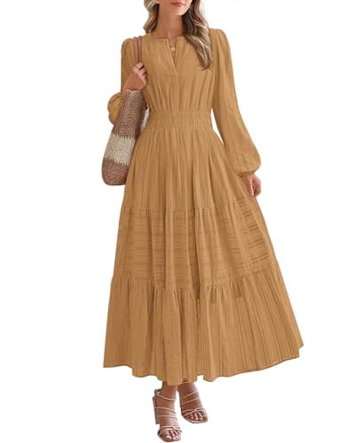 BTFBM Spring Dresses for Women 2026 Casual Long Sleeve V Neck Elastic Waist Lightweight Maxi Wedding Guest Dress Pockets(Khaki, Large) - Image 1