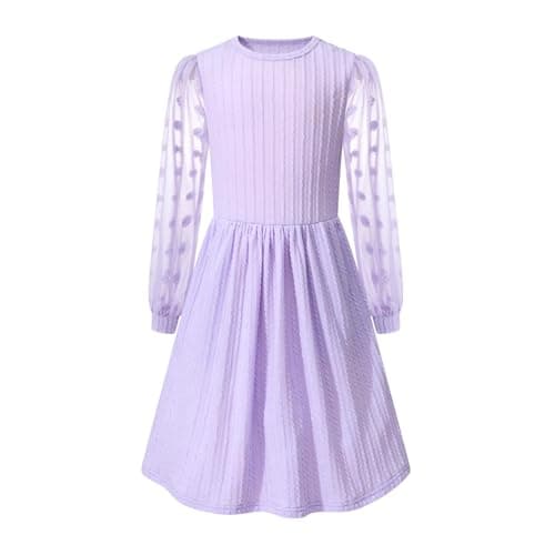 Little Bitty Girls Textured A-Line Swiss Dot Dress,Tulle Long Sleeve Ribbed Knit Crew Neck Midi Dress with Pockets Lilac 4-5Y - Image 1