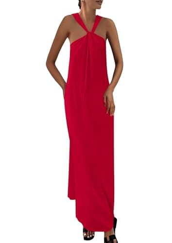 PRETTYGARDEN Womens 2026 Casual Long Summer Dresses Sleeveless Strappy Loose Flowy Beach Vacation Maxi Dress with Pockets (Red,Small) - Image 1