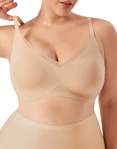 LIIJOO Wireless Seamless Full Coverage Comfort Bra for Women, Smooth T-Shirt Look, Supportive Soft Cups, Mesh V Neck, Wide Band, Back Smoothing, Adjustable Straps(Tan Nude, 1XL Size) - Image 1