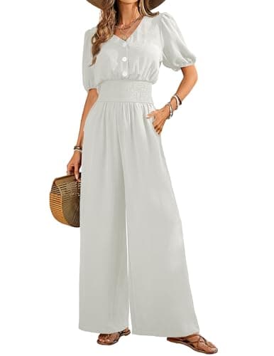 LOOKBOHO Womens Jumpsuits Dressy Short Sleeve V Neck Smocked High Waist Wide Leg Rompers Casual One Piece Outfits - Image 1