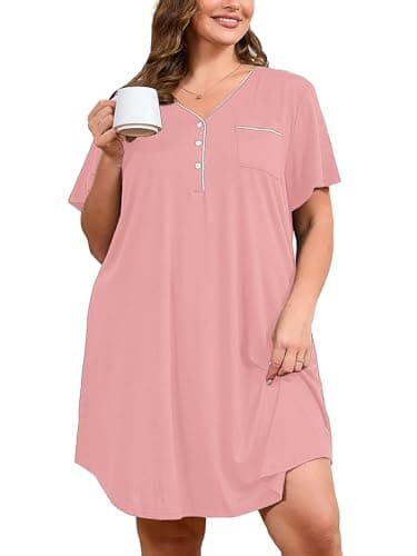 AusLook Plus Size Pink Nightgown for Women Midi Sleep 2X Dress Short Sleeve V Neck Loose Fit Lounge House Dress Soft Casual Night Dress