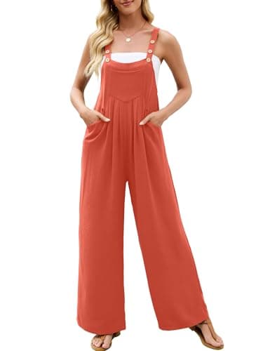 Heymoments Overalls Jumpsuits Rompers for Women Coral Small Casual Maternity Winter Fall Comfy Ladies Loose Fit Dressy Wide Leg One Piece Sleeveless Grils Long Bib Baggy Pants with Pockets - Image 1