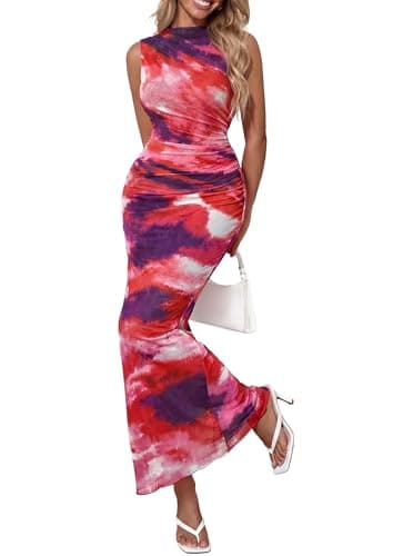 PRETTYGARDEN Summer Dresses for Women 2026 Sleeveless Bodycon Maxi Spring Mock Neck Tie Dye Mesh Cocktail Going Out Dress (Floral Pink Purple,XX-Large) - Image 1