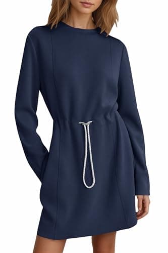 COCOMARTS Womens Casual Long Sleeve Crewneck Sweatshirt Dress Drawstring Waistband Tunic Tops Vacation Mini Dresses 2025 Fall Navy Blue Large - Image 1