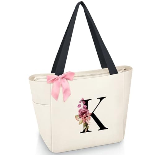 Vavabox Tote Bag, A-Z Initial Monogrammed Waterproof Tote Bag, Bridesmaid Gifts for Women, Black and Pink (K, Beige) - Image 1
