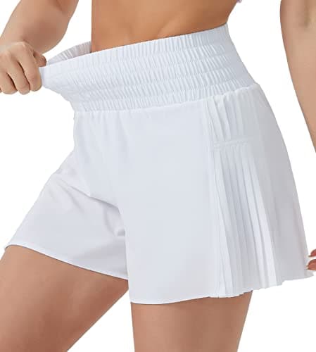 THE GYM PEOPLE Women's High Waist Workout Shorts Side Pleated Athletic Running Shorts with Mesh Liner Zip Pocket White - Image 1