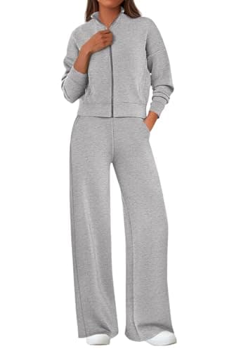 PRETTYGARDEN Women's 2 Piece Outfits Spring Sweatsuits Zip Up Sweatshirt Wide Leg Sweatpants Casual Tracksuit Lounge Sets(Light Grey,XX-Large) - Image 1