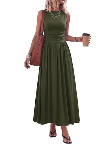 PRETTYGARDEN Summer Maxi Dresses for Women 2026 Sleeveless A Line Flowy Long Casual Sundress Wedding Guest Fashion Clothing (Army Green,Small) - Image 1