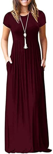 DEARCASE Maxi Dress for Women Burgundy XX-Large Crewneck Short Sleeves Wedding Guest A-line Casual Loose Party Vintage Spring Summer Beach Long Dresses with Pockets - Image 1
