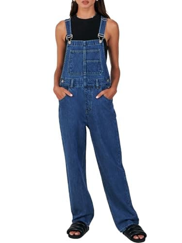 ANRABESS Overalls for Women Loose Fit Denim Overalls Adjustable Strap Jean Jumpsuit Bib Romper 2025 Fall Casual Work Outfits Washed Deep Blue X-Large - Image 1