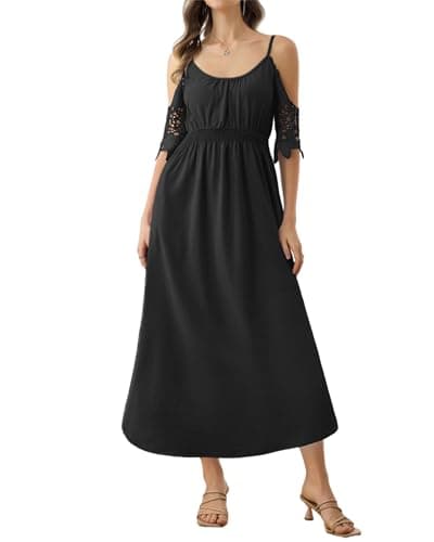 Women's 2026 Summer Casual Black Adjustable Spaghetti Strap Cold Off Shoulder Short Lace Sleeve Empire Elastic Waist A-line Split Pockets Midi Dress Beach Vocation Dating Party Night Wear Dresses - Image 1